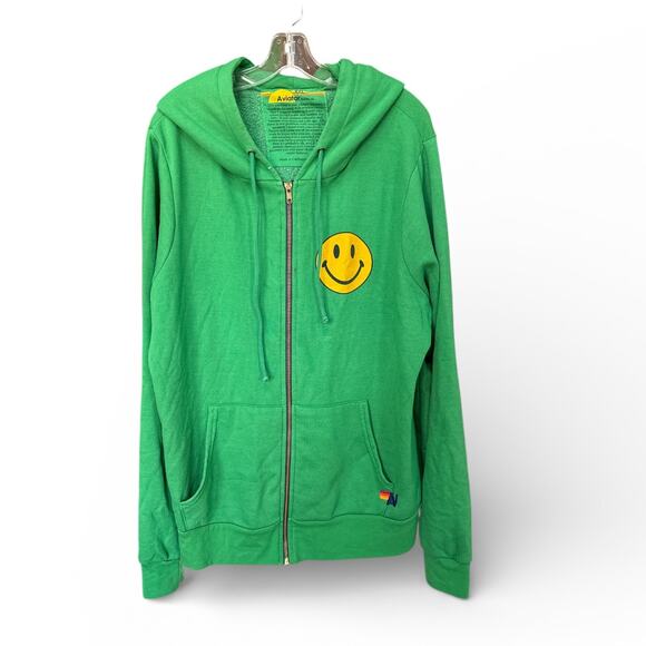 Aviator Nation Green Smiley Face Zip-Up Hoodie Sz XXL